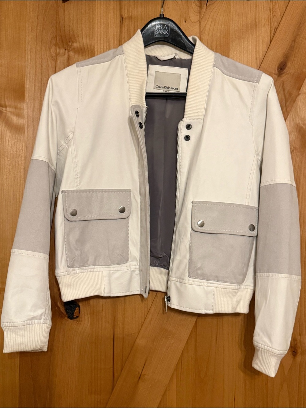 Calvin Klein Jeans Colorblock Faux Leather Bomber Jacket cream and gray size M
